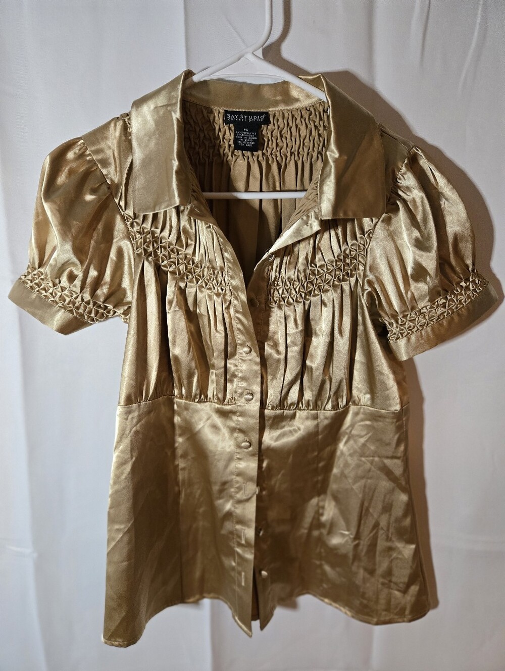 Bay Studio Gold Satin Puff Sleeve Button-Front Blouse